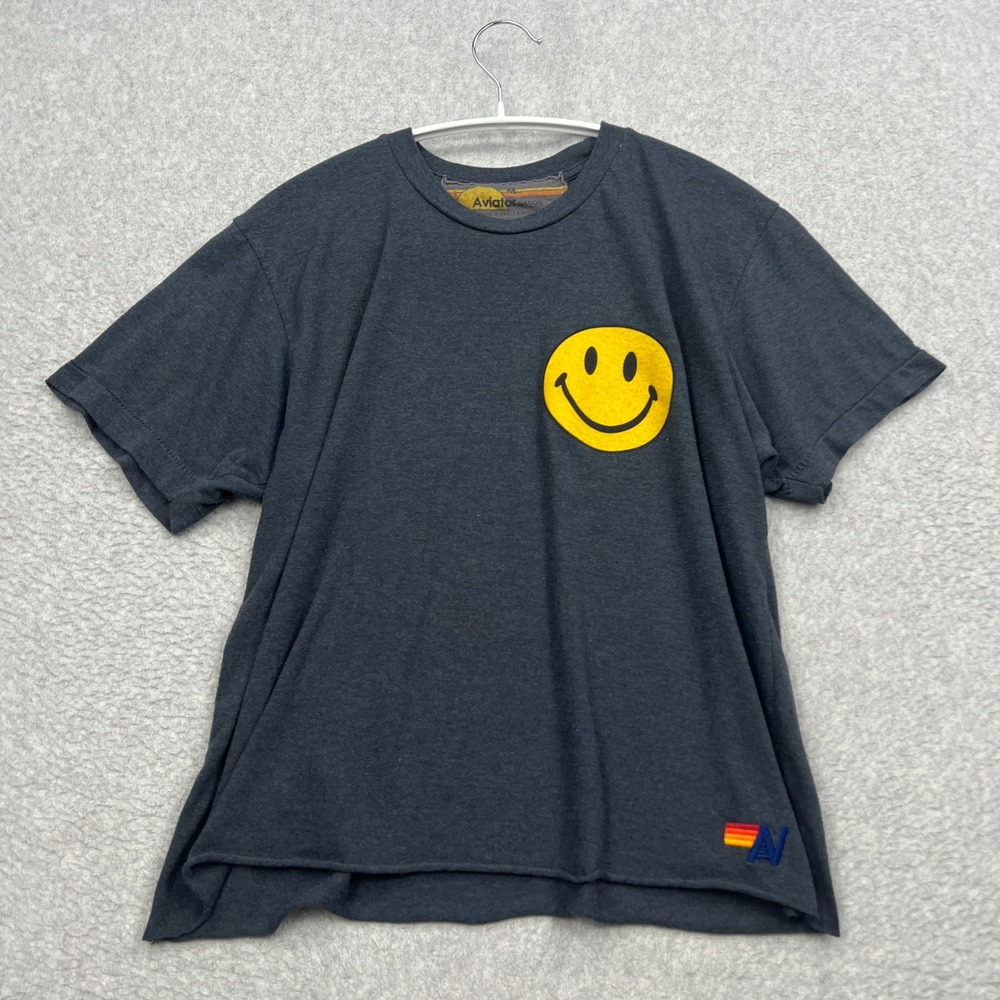 Aviator Nation Shirt Womens Medium Charcoal Smiley Face Raw Hem Crew Tee USA
